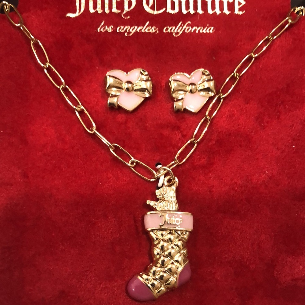 Juicy Couture pink stocking chain link necklace & pink heart shaped earrings set